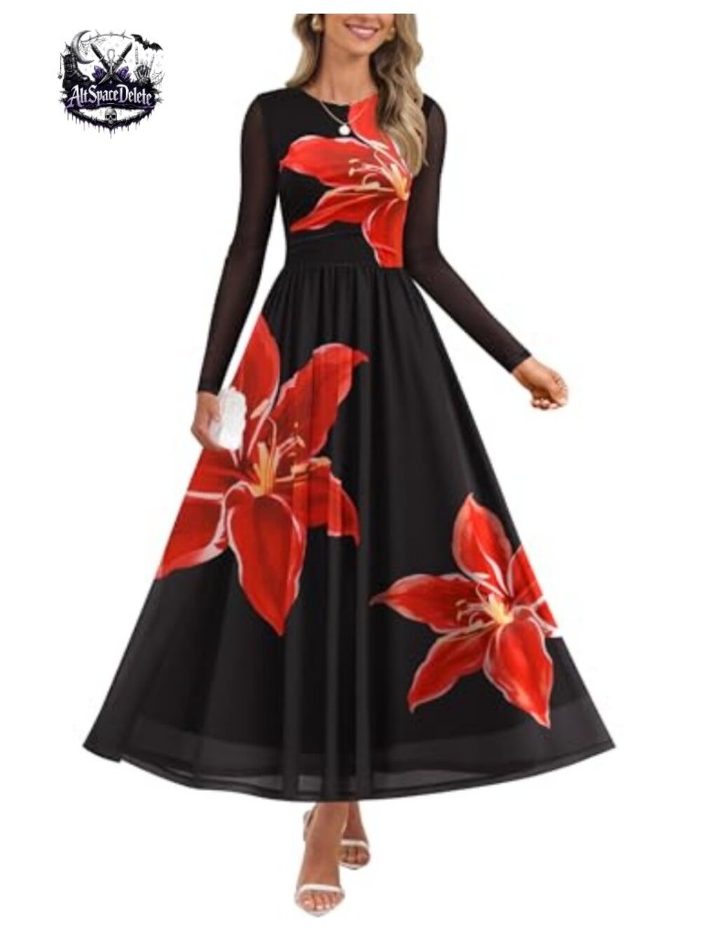 Women's Mesh Long Sleeve A-Line Maxi Dress Ruched Waist Wedding Guest